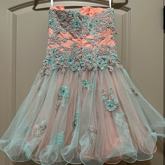 Beautiful Sherri Hill dress. Aqua and peach with beautiful detail - Picture 2 of 3